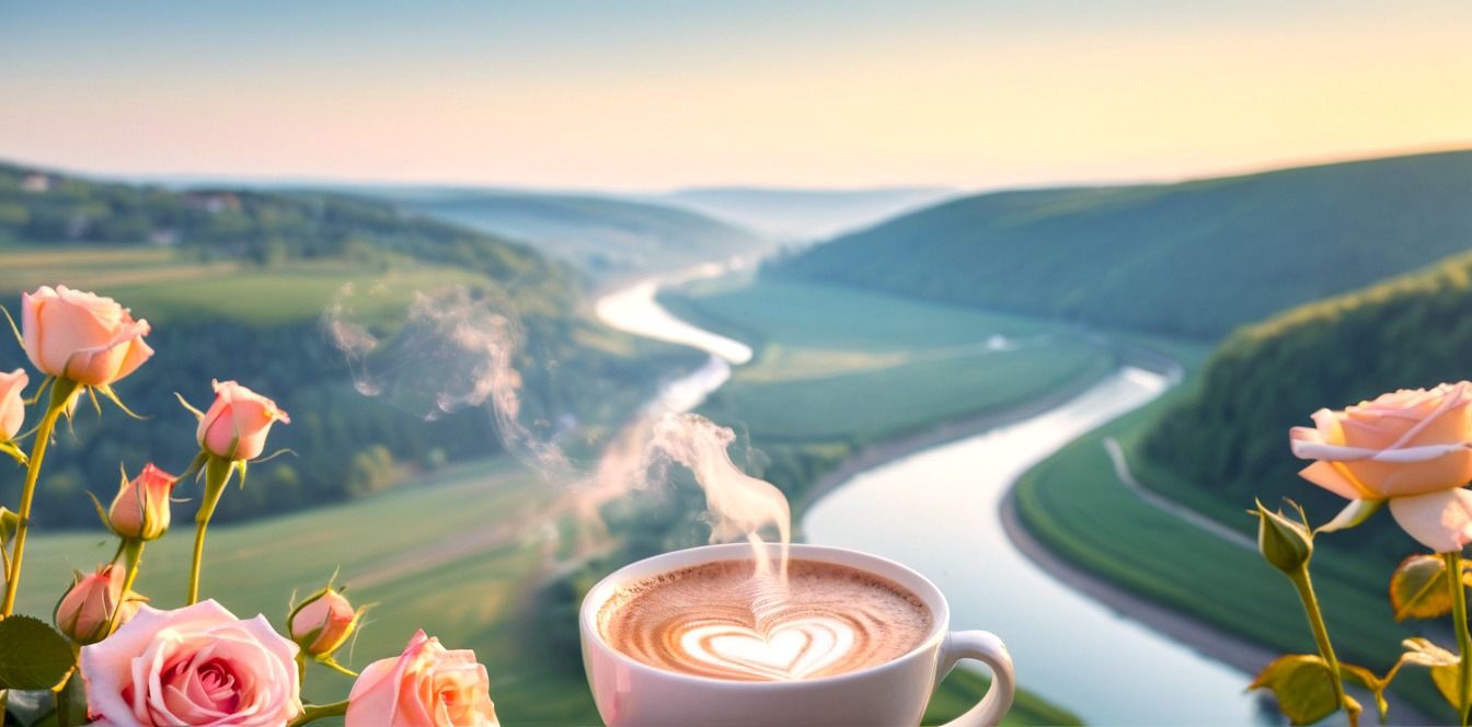 Утро и чашка кофе, рисунок сердечко пенкой, цветы розы, вид на поля, реку, зеленые горы, лес