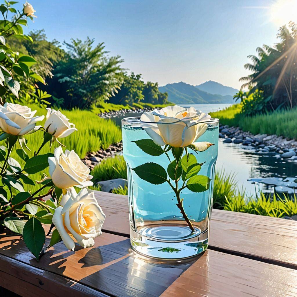 Белые розы на столе, стакан с водой