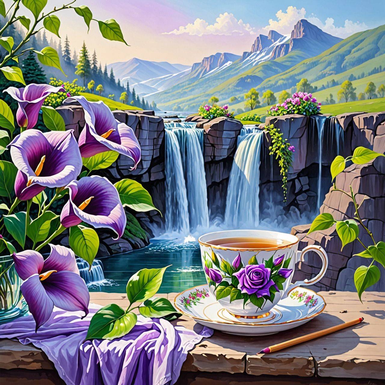 Чайная чашка на фоне водопада