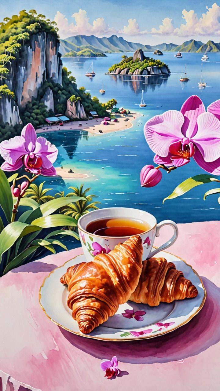 Чашка с чаем и круассанами на фоне моря
