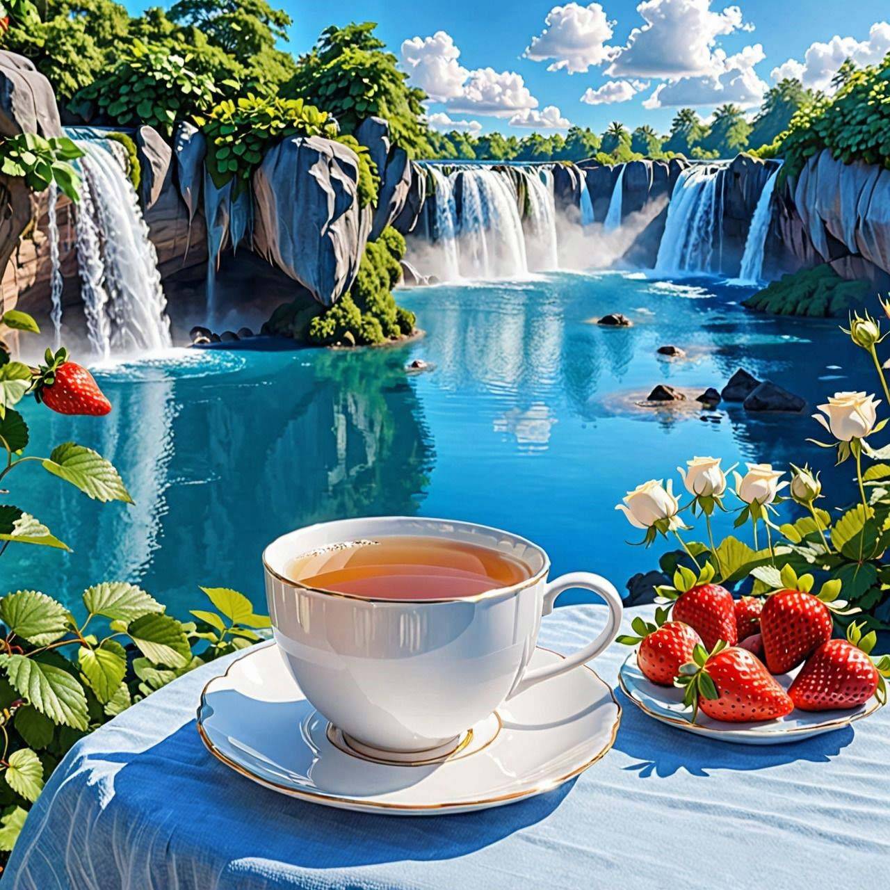 Чашка с чаем на фоне водопада