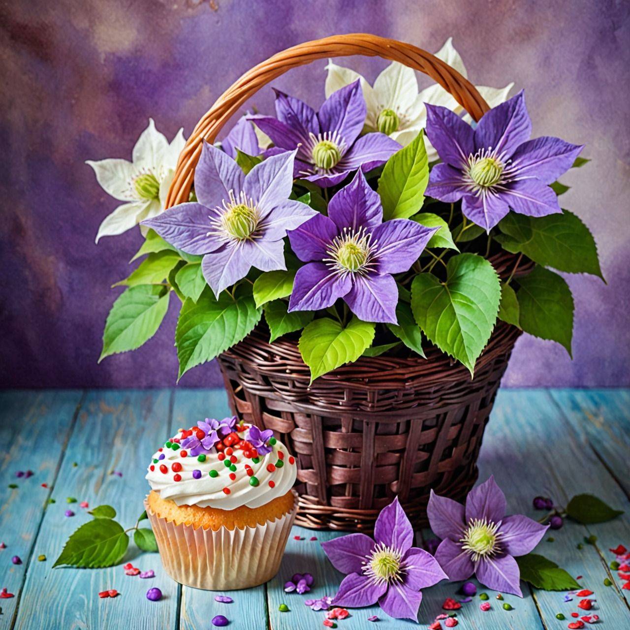 Корзина с клематисами и капкейком