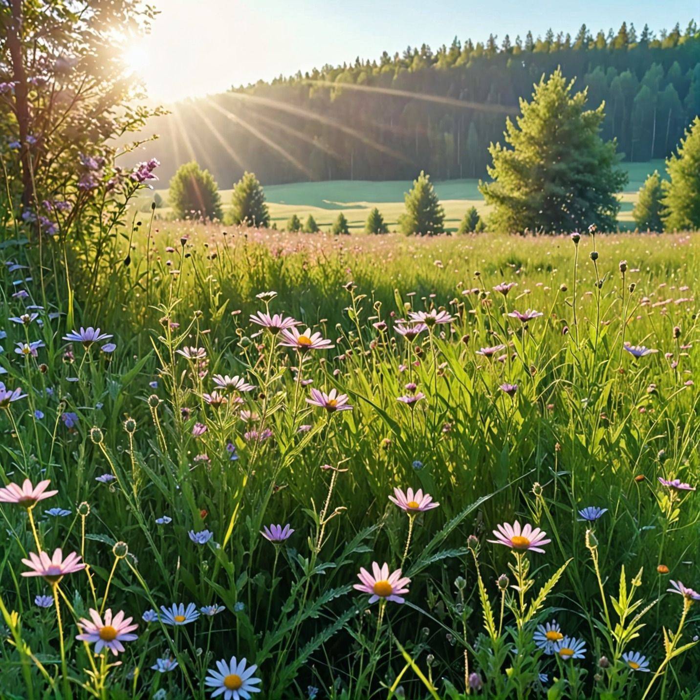 Красивый летний пейзаж с цветами и горами