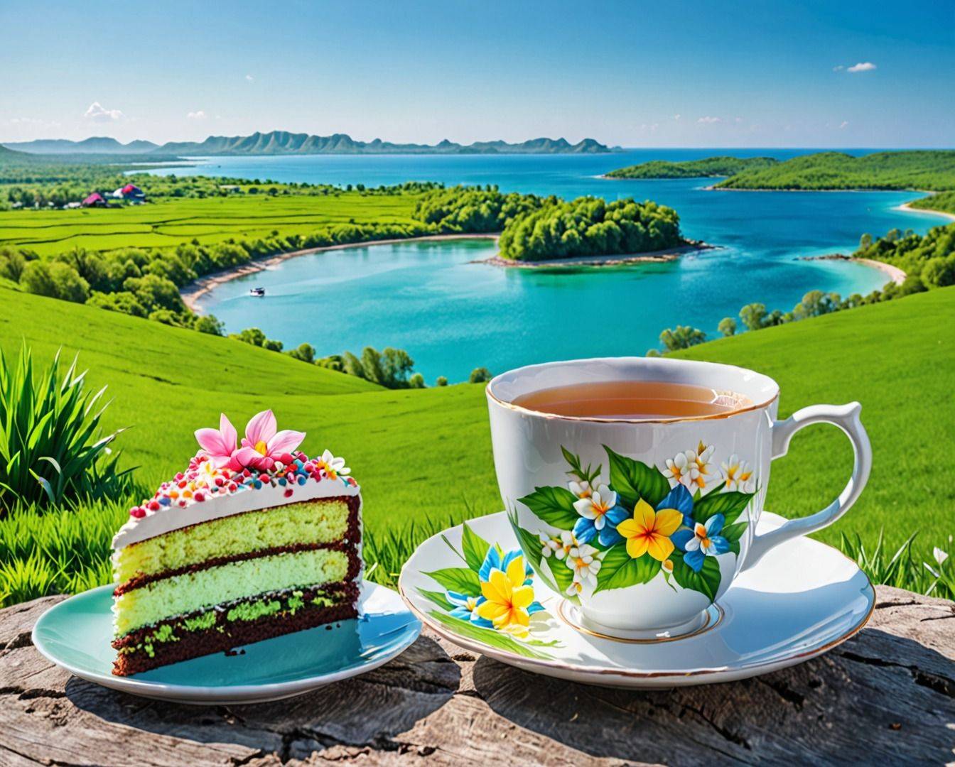 Кусок торта и чашка с чаем