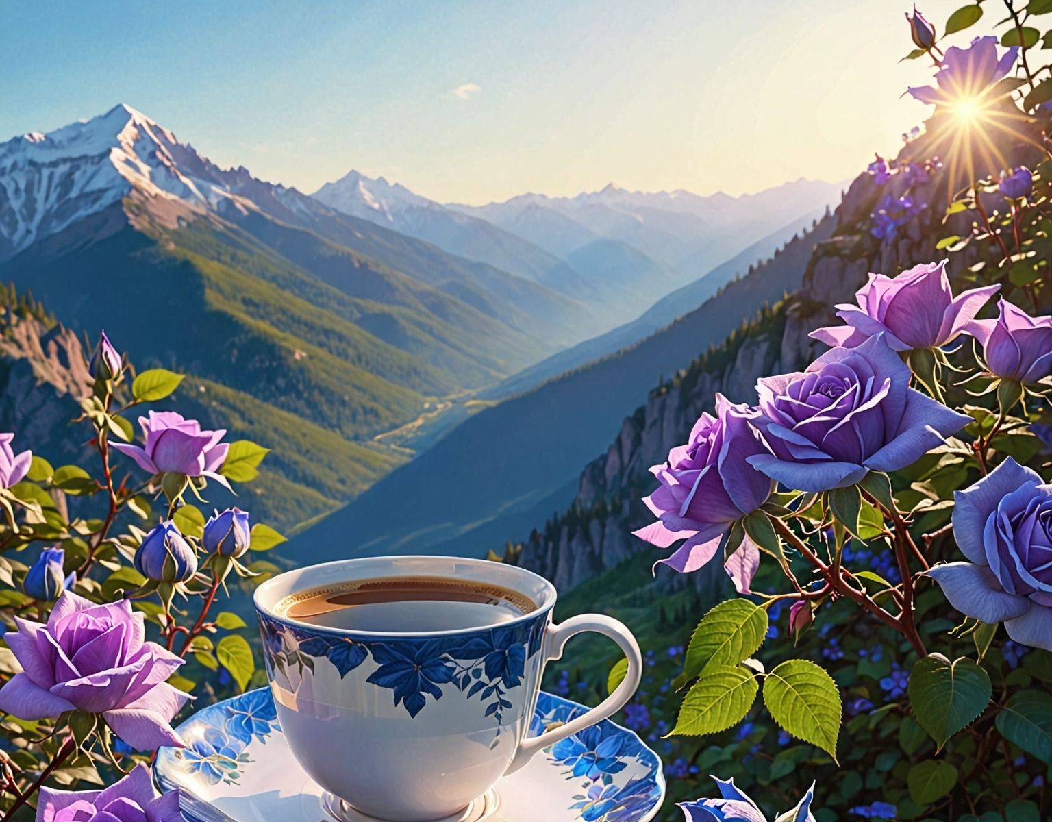 Пейзаж с горами и чашка кофе
