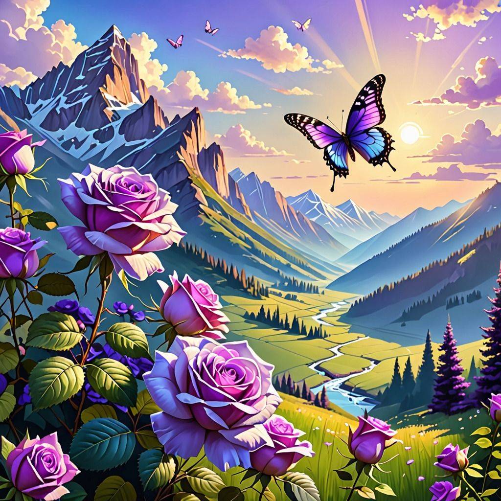 Пейзаж с розами и бабочками