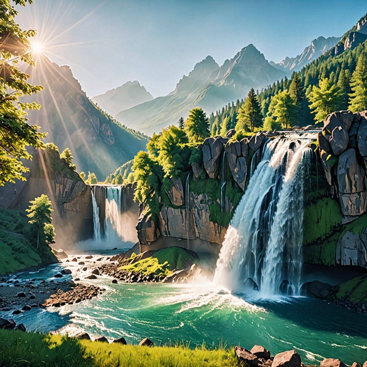 Пейзаж с водопадами и горами