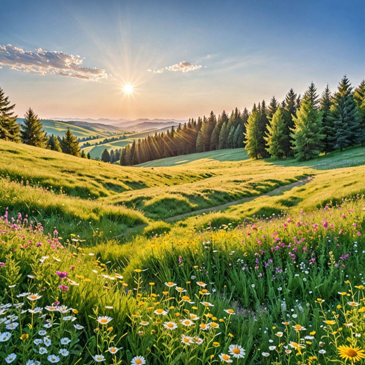 Природный пейзаж с холмами и цветами