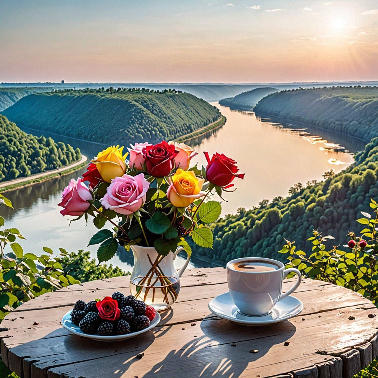 Река, зелёные холмы, стол, ваза с розами