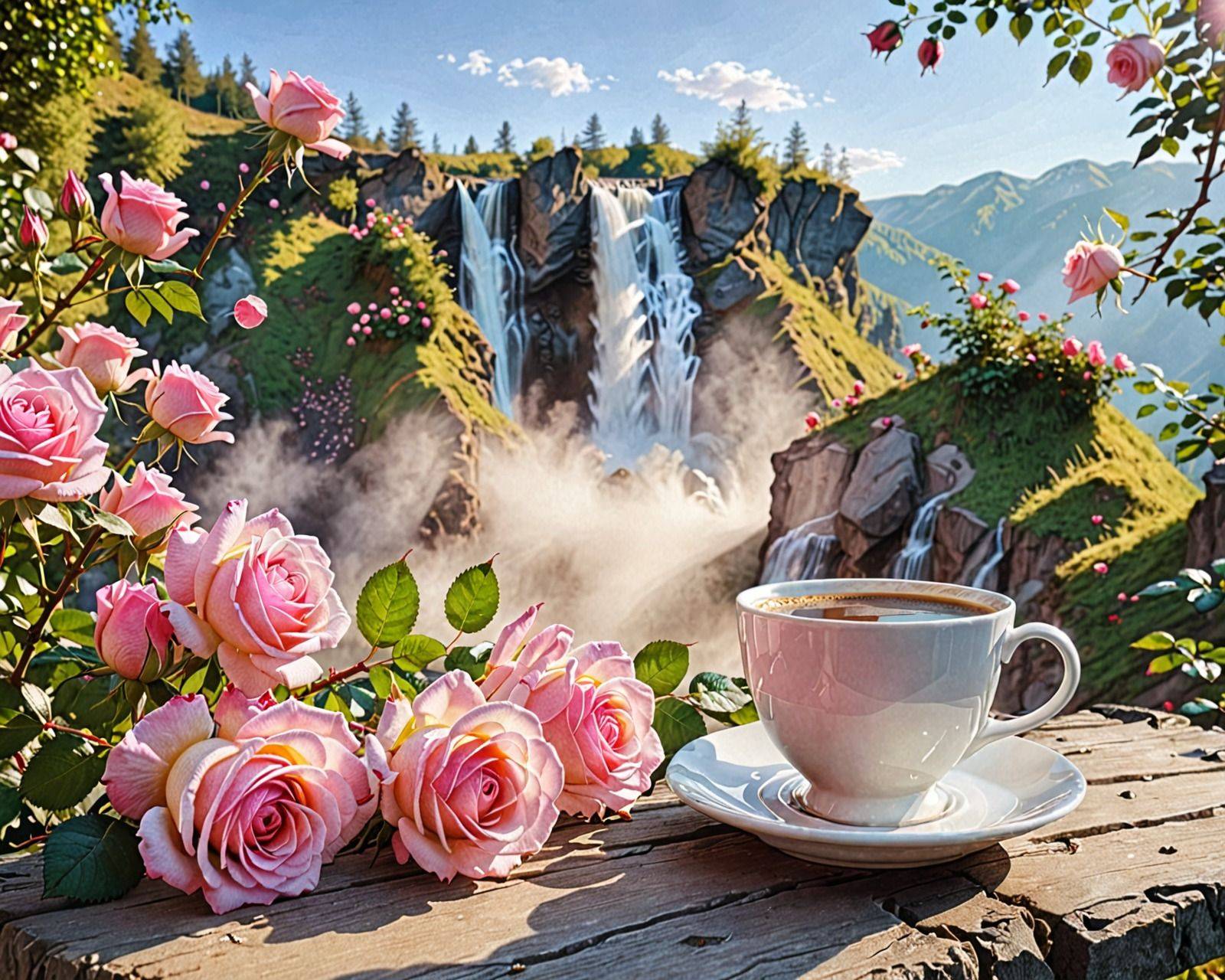 Розовые розы и чашка кофе