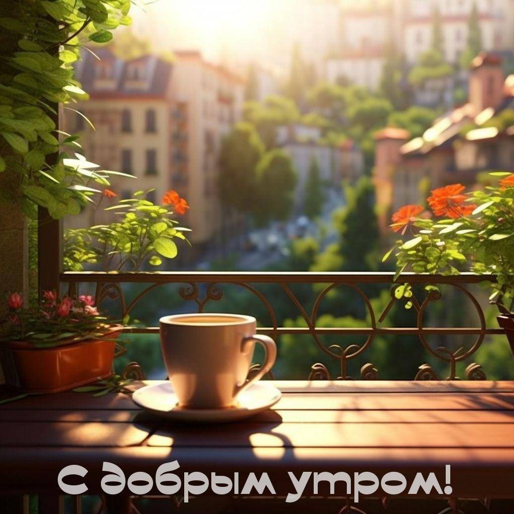Белая чашка на балконе, оранжевые цветы, городской пейзаж
