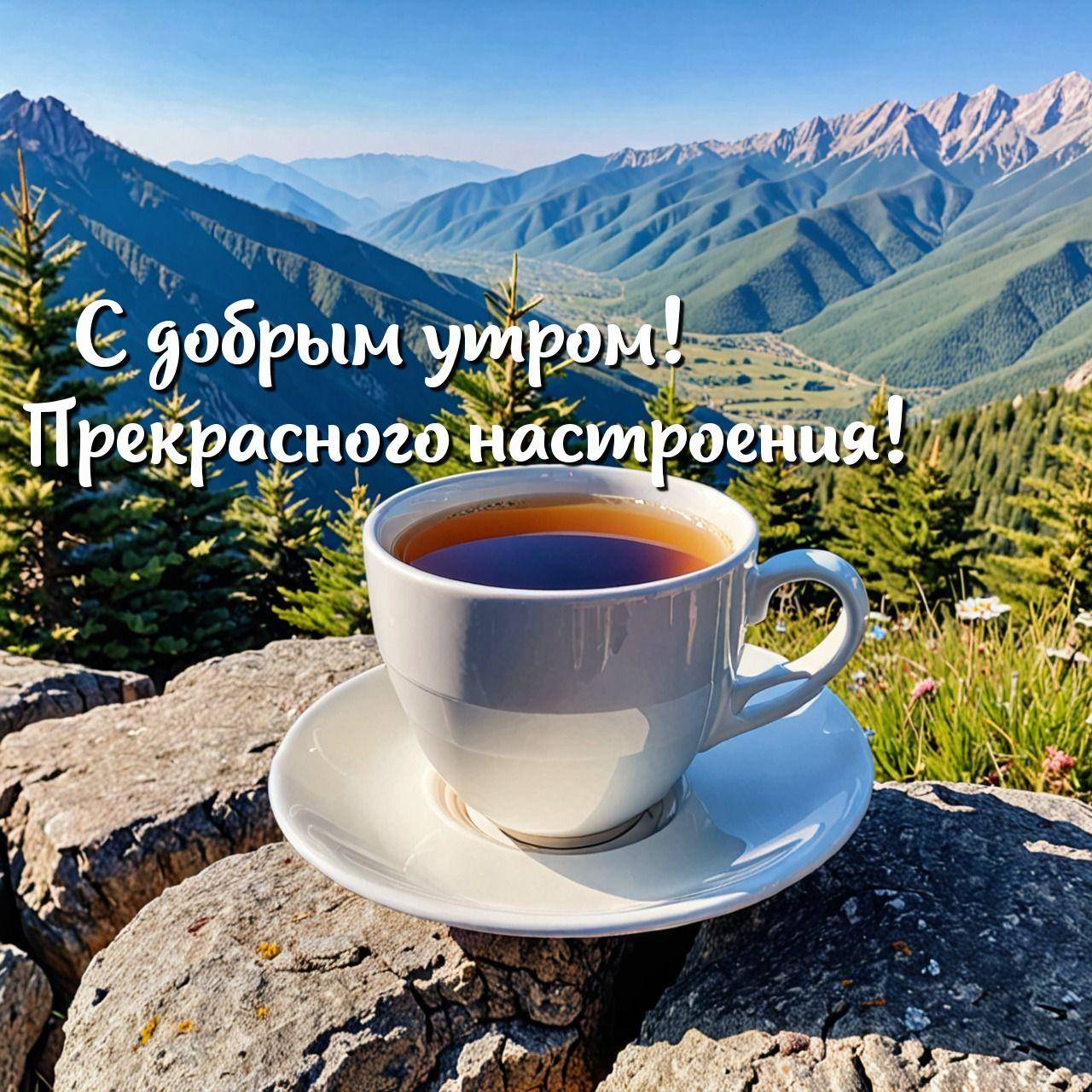 Белая чашка с напитком на фоне гор