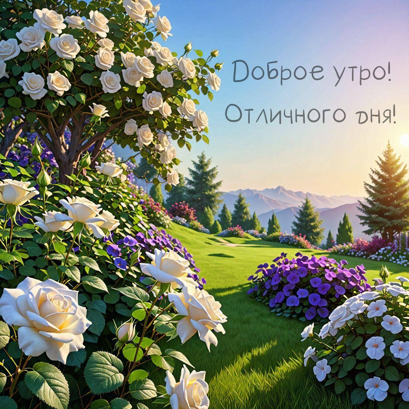 Белые розы и фиолетовые цветы на фоне гор