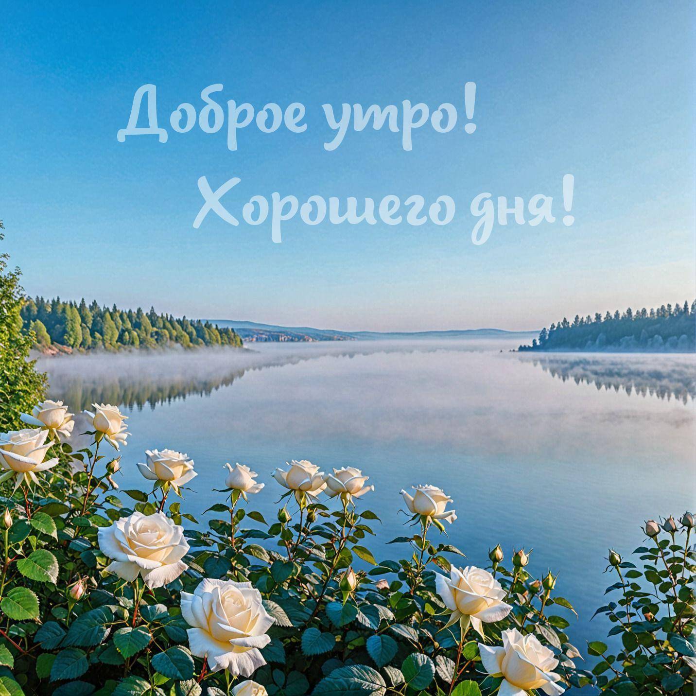 Белые розы на переднем плане, туман над озером, лес