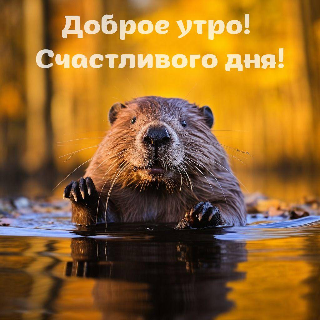 Бобр в воде на фоне золотистой листвы