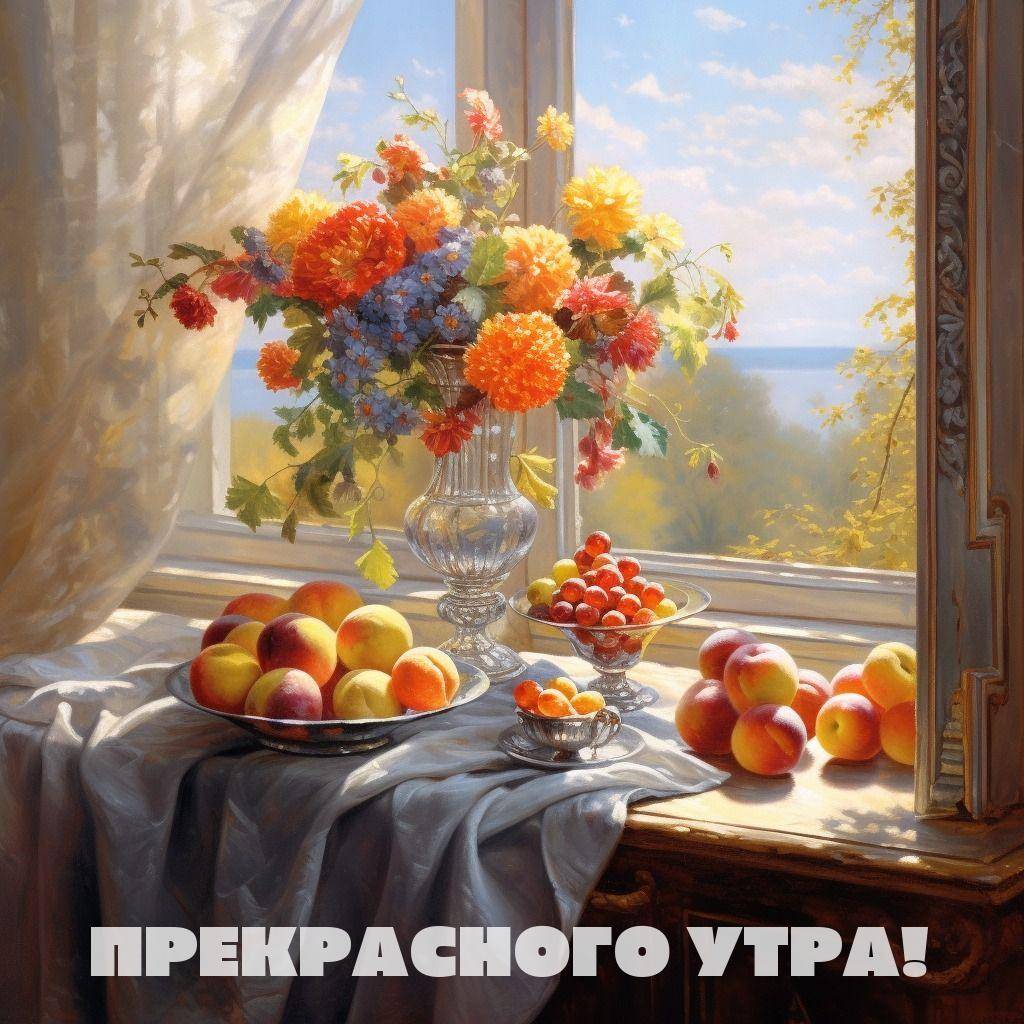 Букет цветов у окна, фрукты на подносе, вид на море