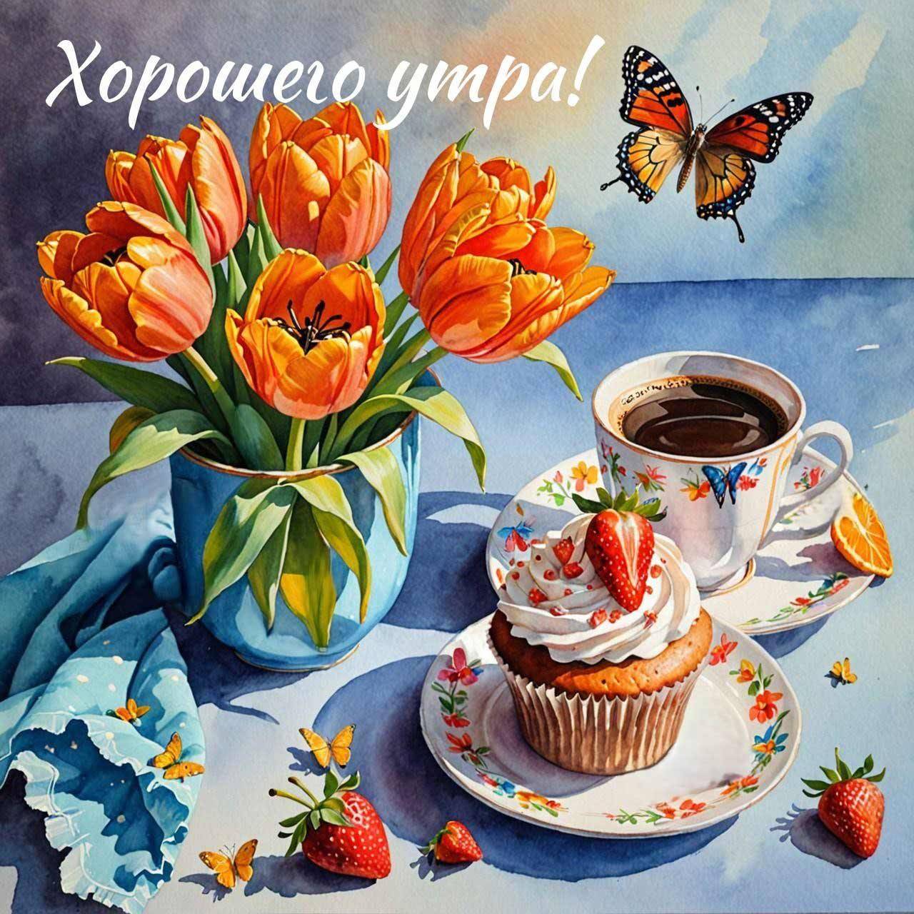 Букет тюльпанов, бабочка, чашка кофе и кекс