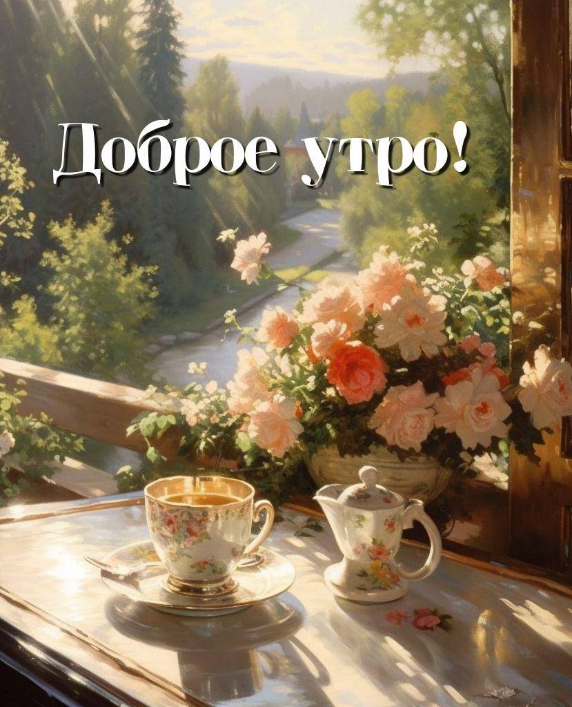 Чашка чая и цветы на подоконнике утром
