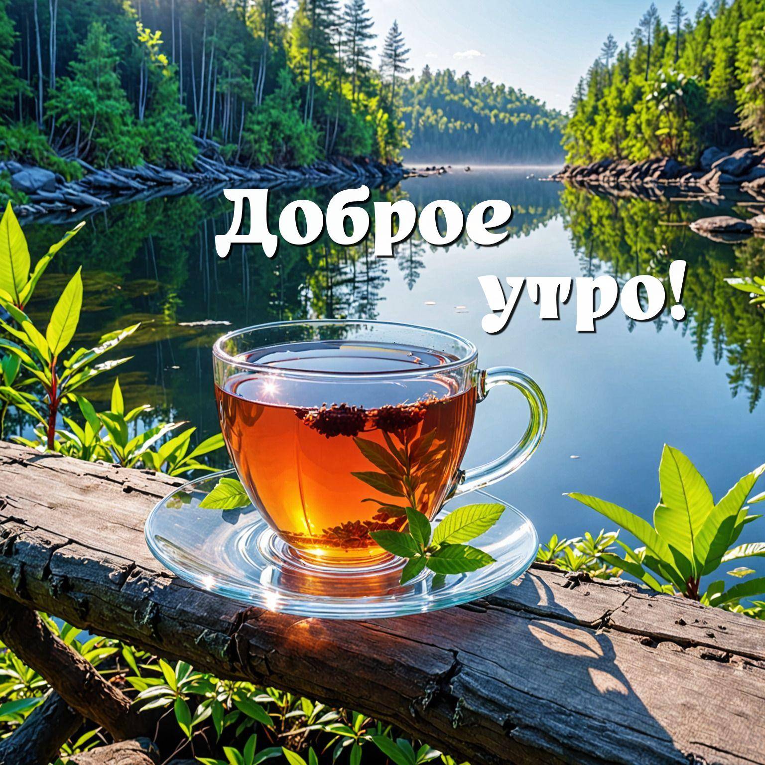 Чашка чая на фоне озера и леса