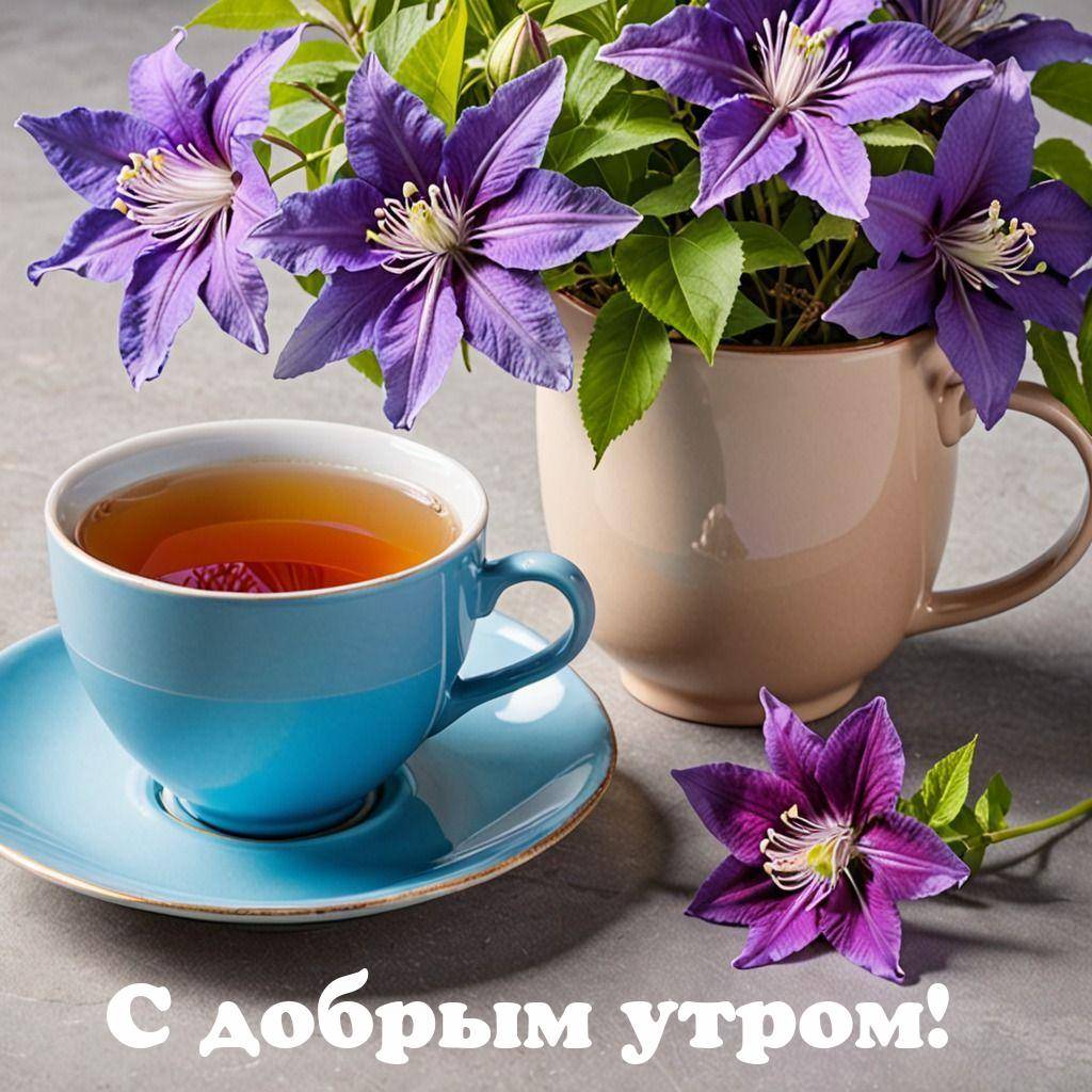 Чашка чая с блюдцем и горшок с цветами клематиса