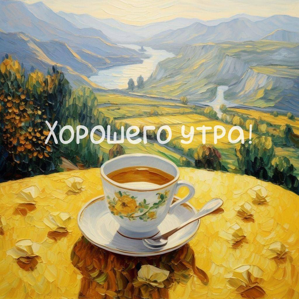 Чашка чая среди жёлтых лепестков, пейзаж с холмами и рекой