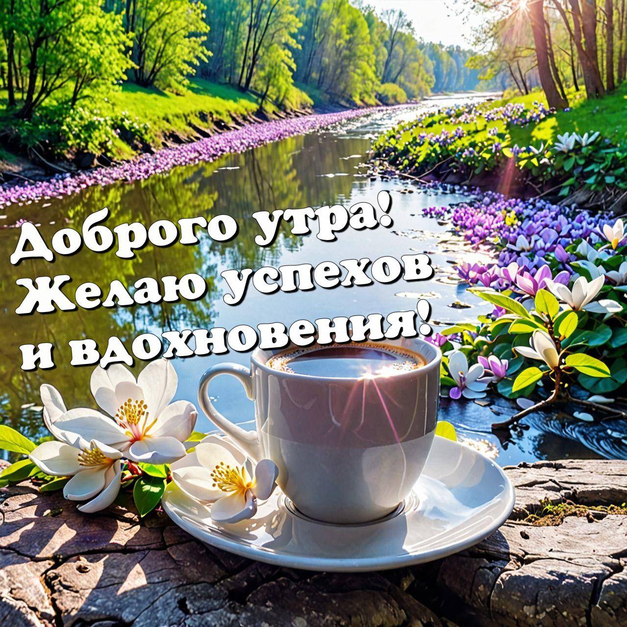 Чашка кофе на берегу реки, цветы, зеленые деревья