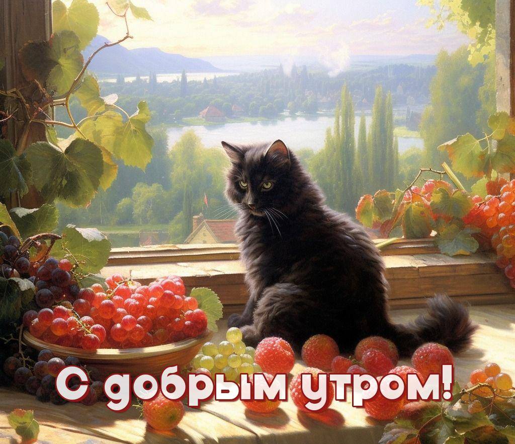 Черный кот сидит рядом с виноградом и клубникой