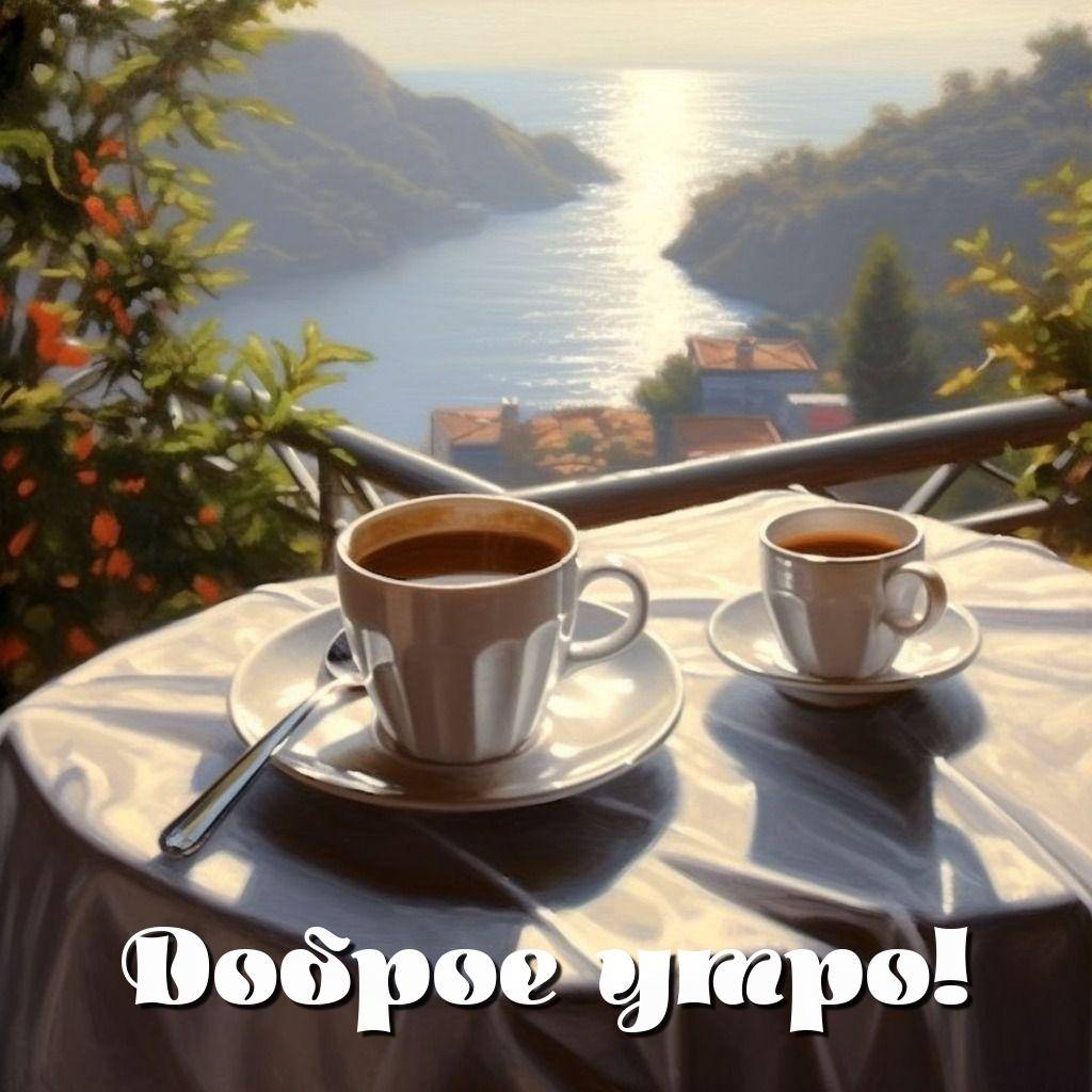 Два кружки кофе на столе с видом на море