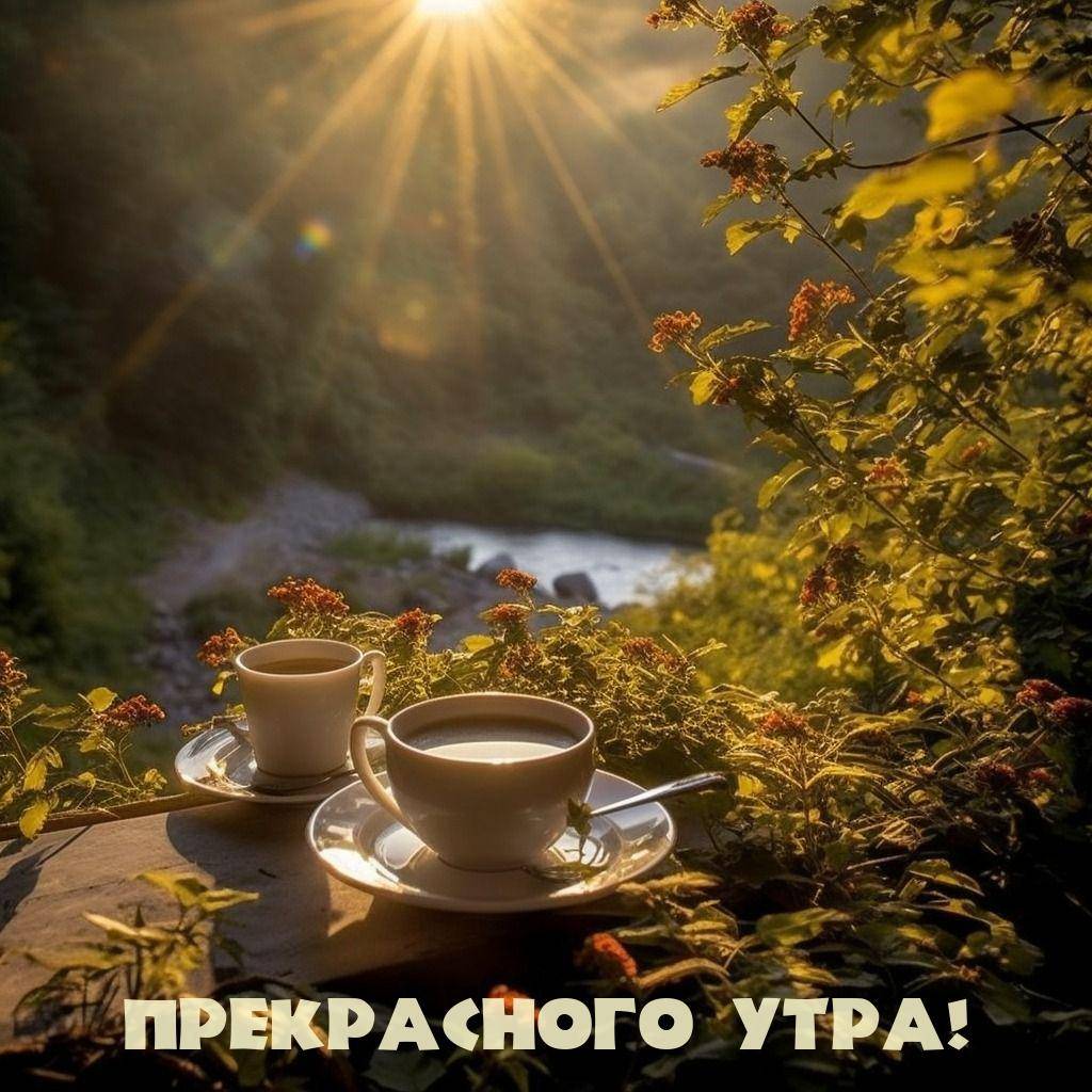 Два кружки с напитком на природе, лучи солнца сквозь листву