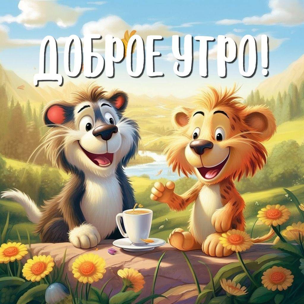 Два мультяшных льва на природе с чашкой кофе