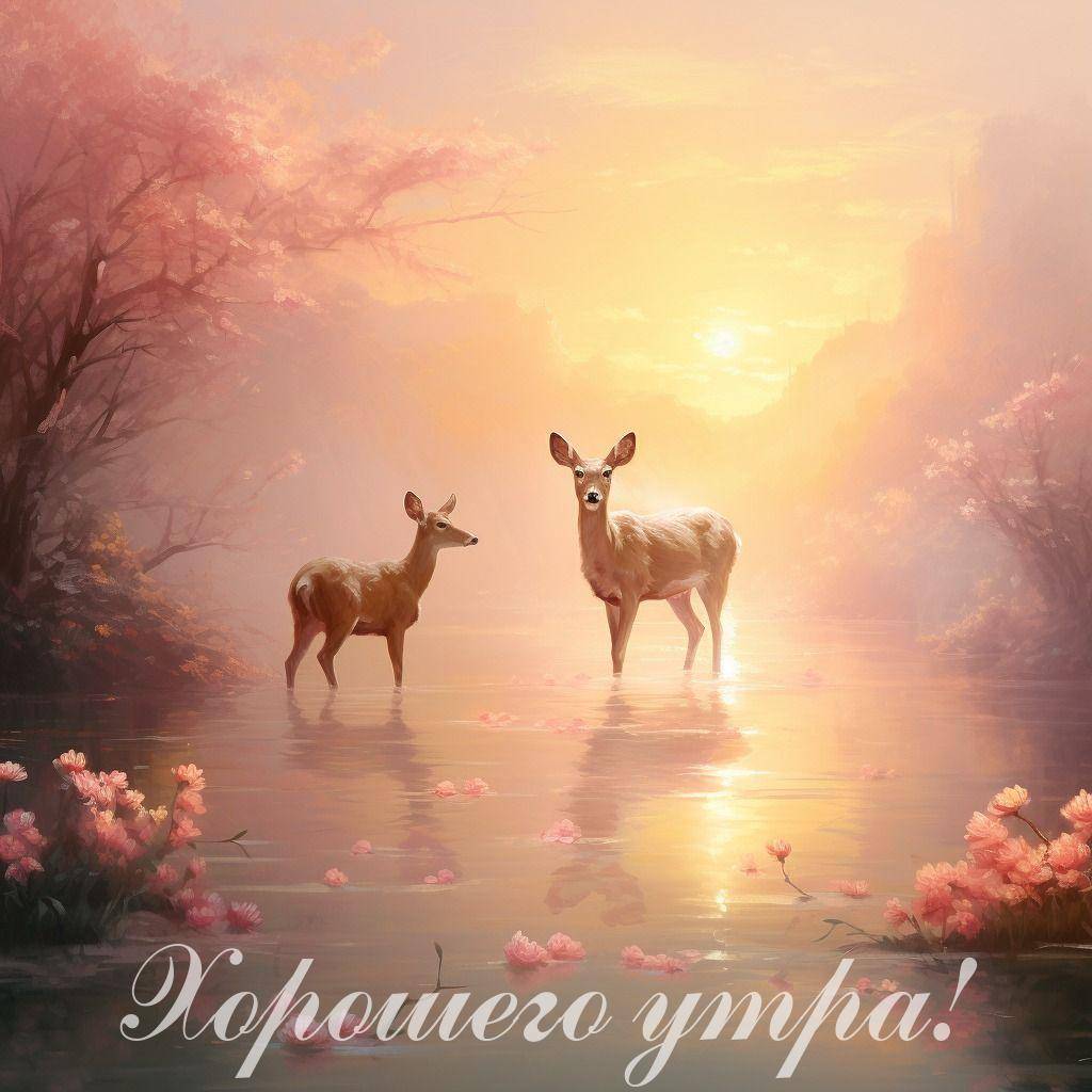 Два оленя у водоема среди цветущих кустов