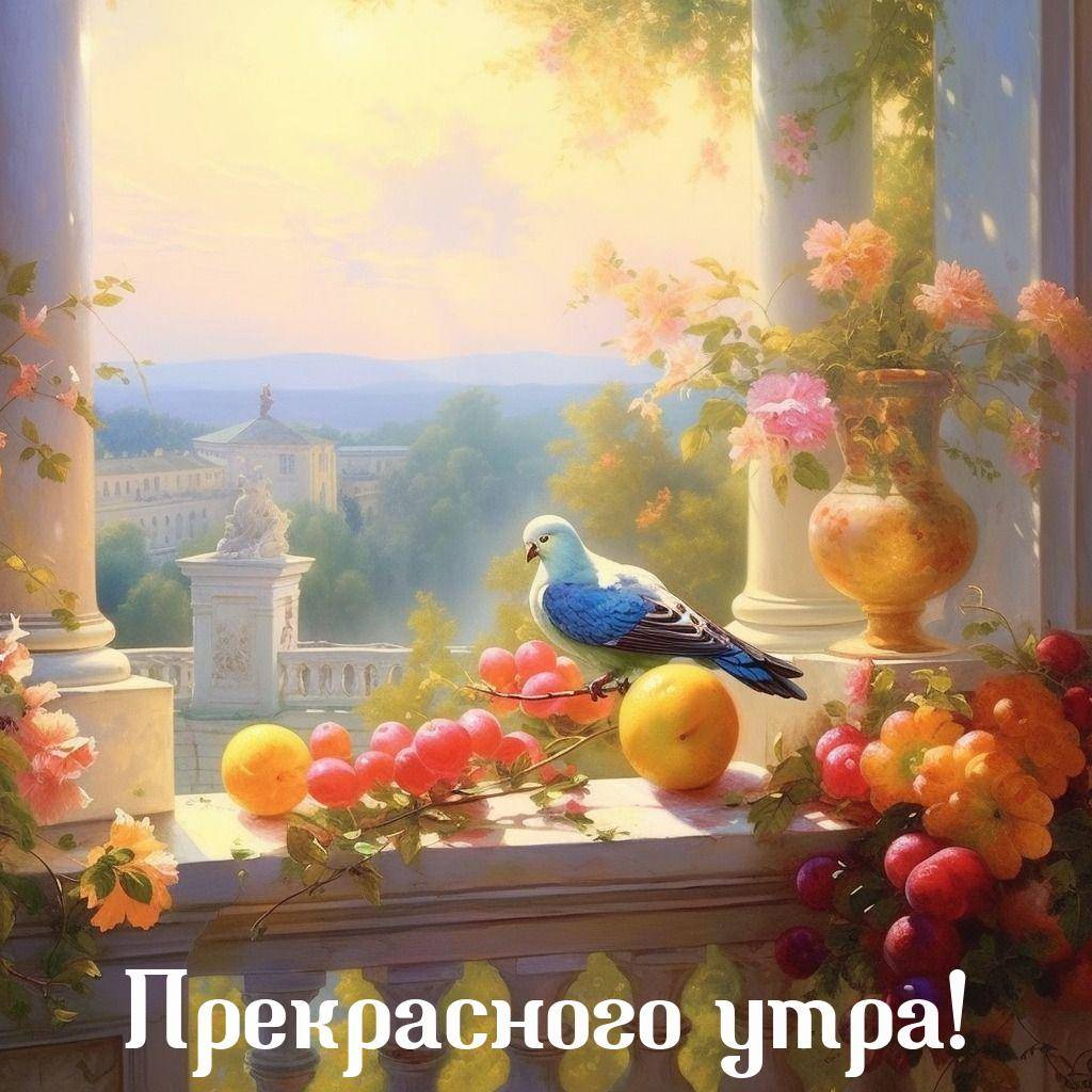 Голубая птица на подоконнике с фруктами
