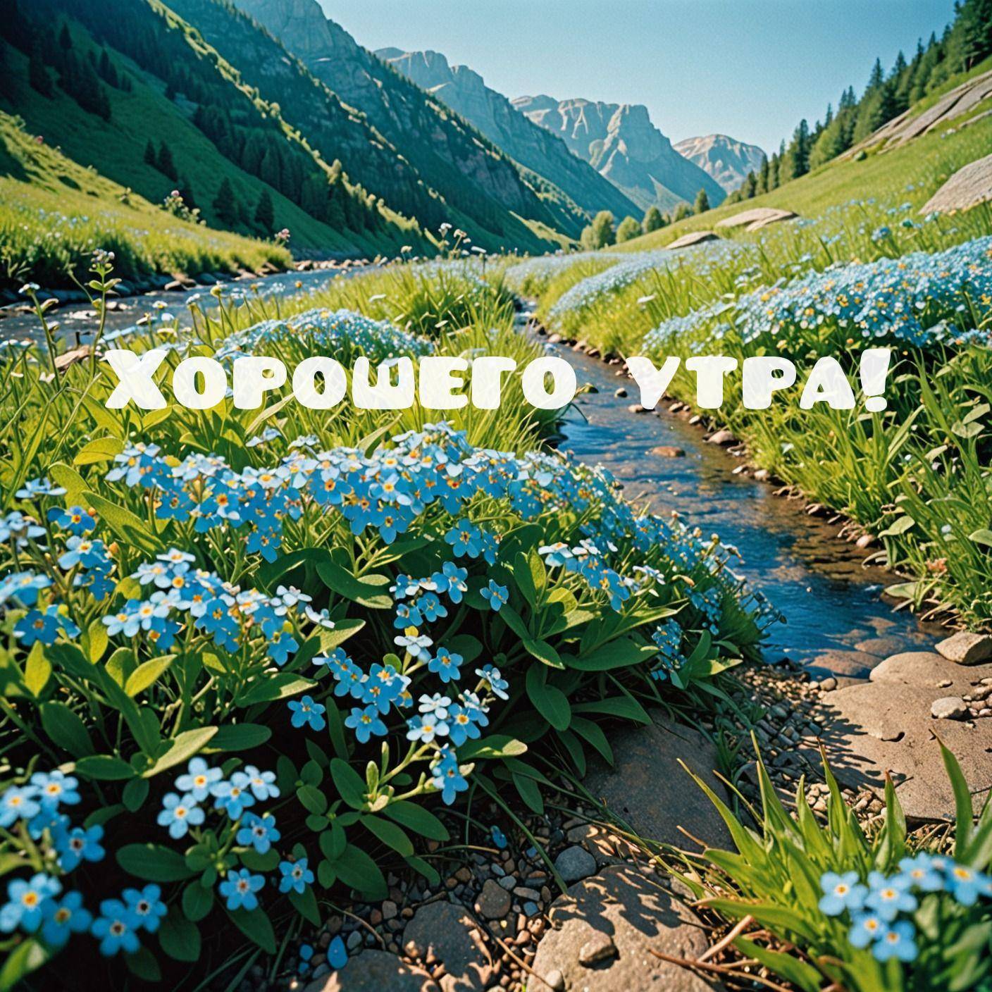 Горный пейзаж с ручьем и голубыми цветами