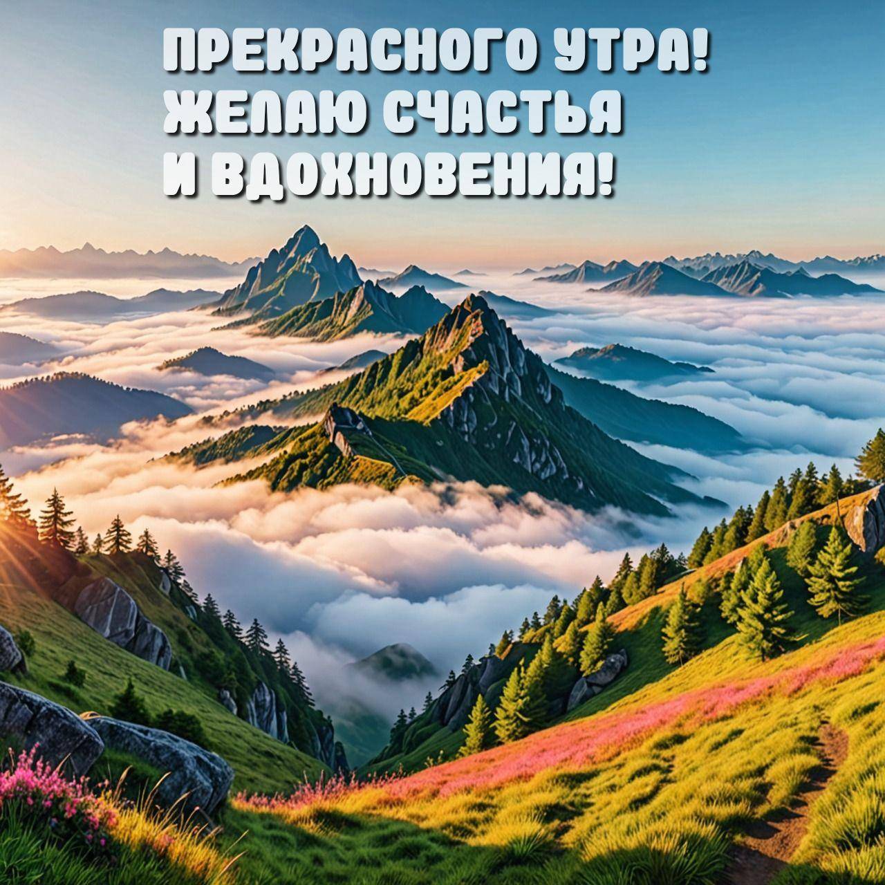 Горный пик выше облаков, зеленый склон с цветами