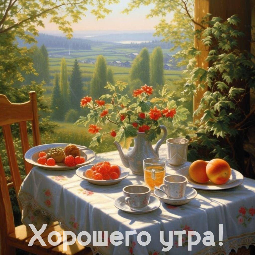 Изображение стола с фруктами и чаем у окна с видом на пейзаж
