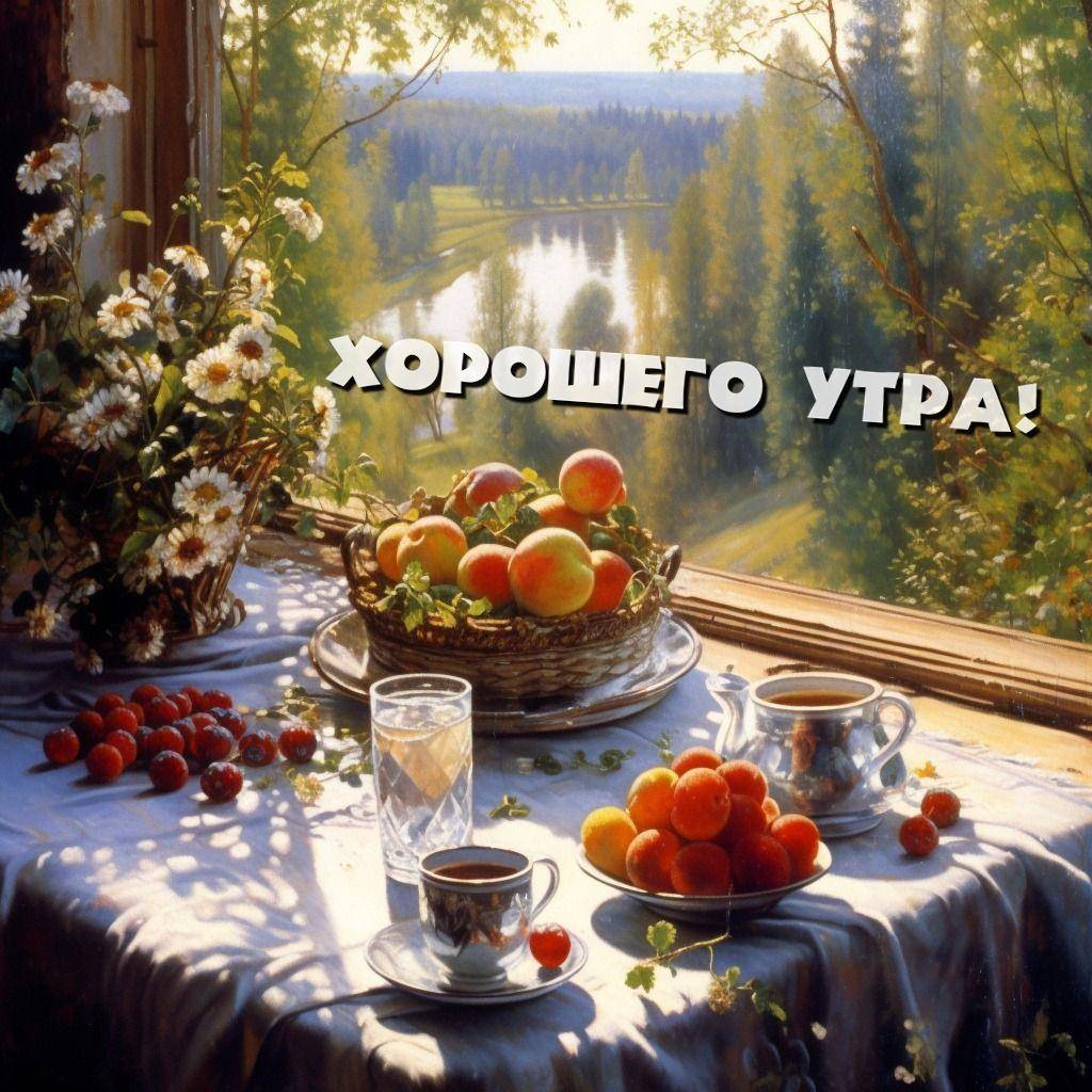 Комната с видом на реку, стол с фруктами и цветами