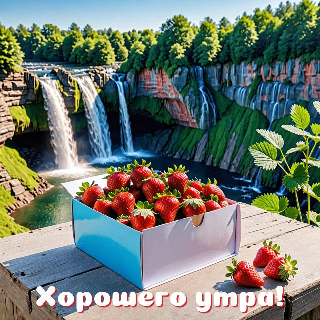Коробка клубники на фоне водопада и зелени