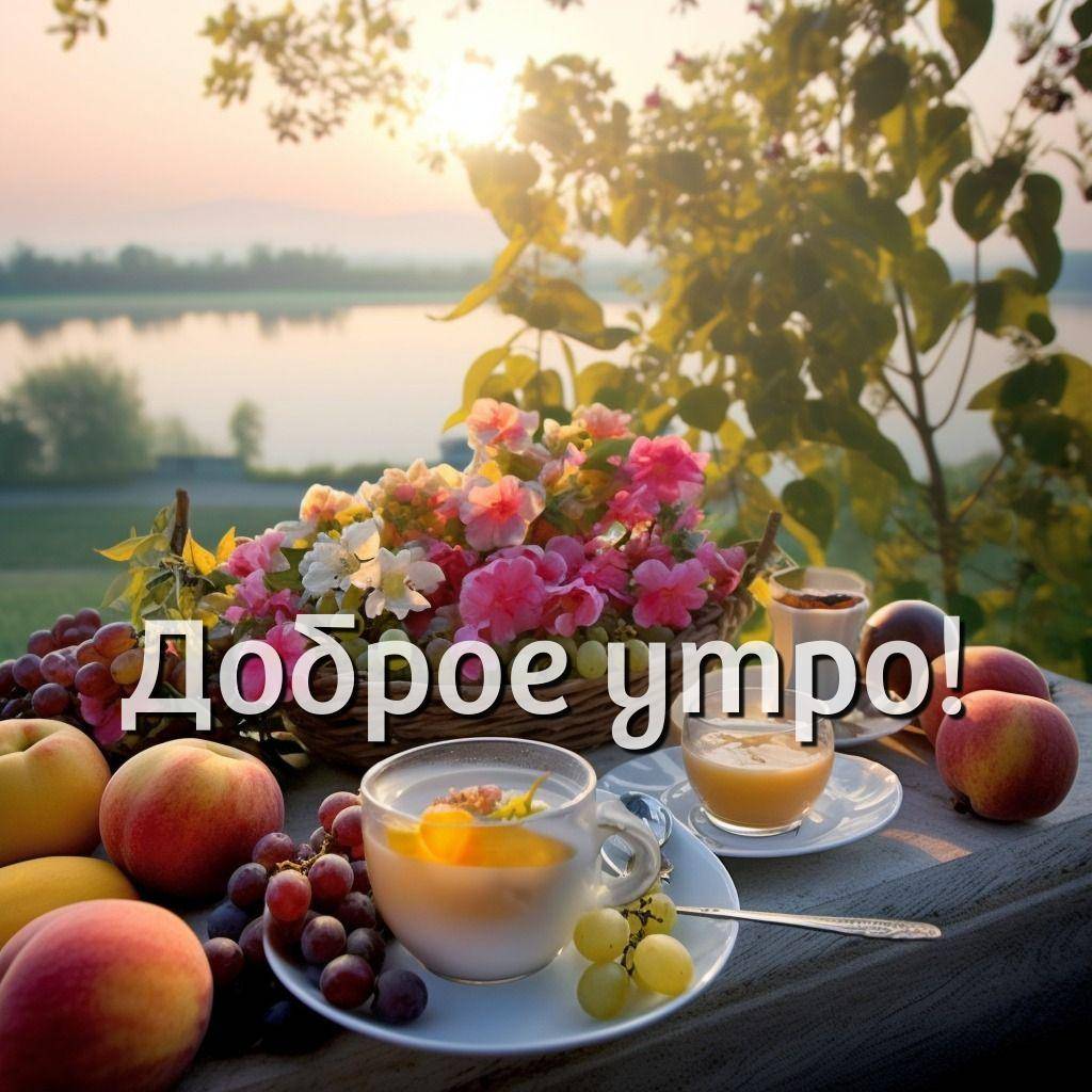 Корзина с фруктами и цветами на столе у реки