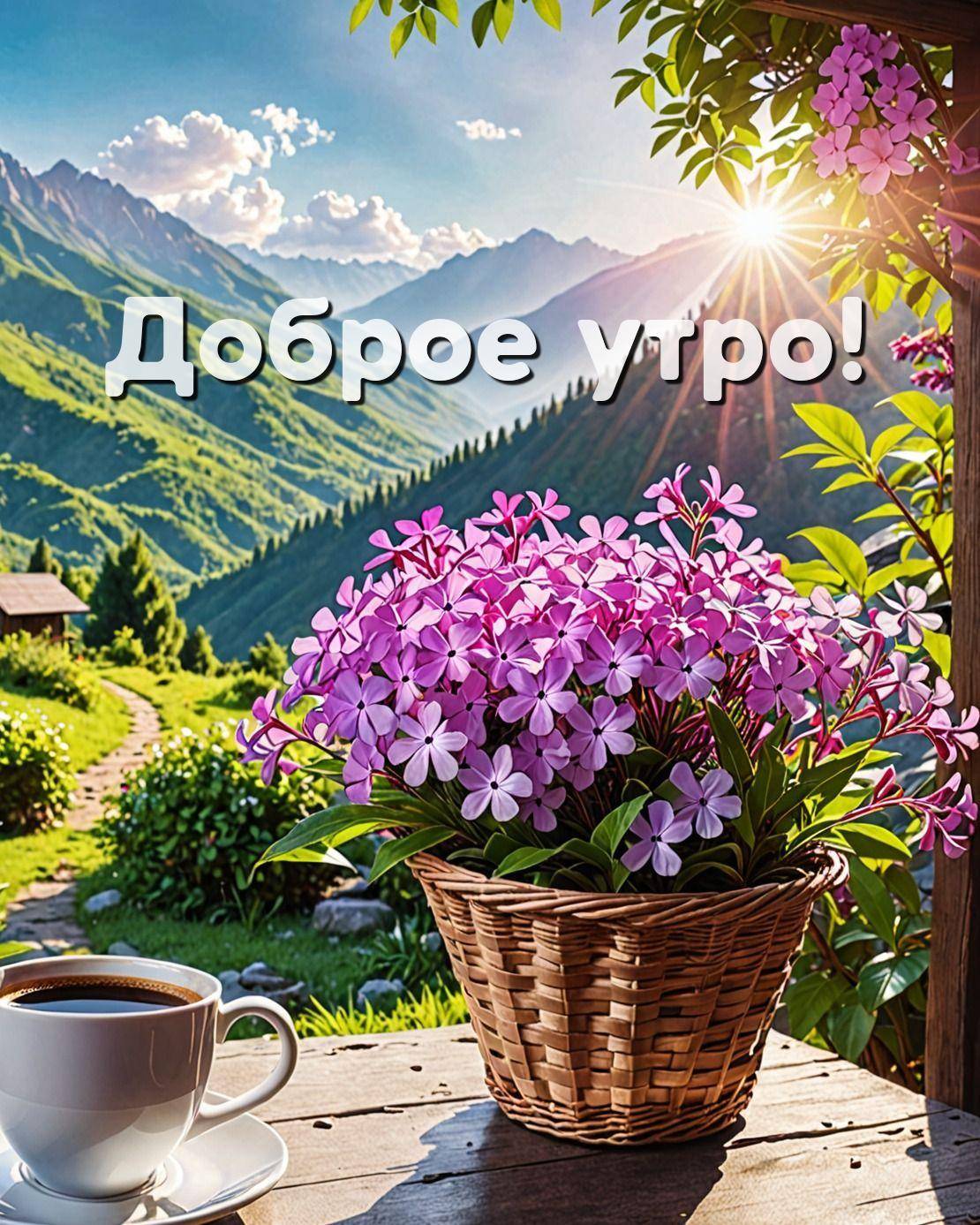 Корзина с розовыми цветами и чашка кофе на фоне гор