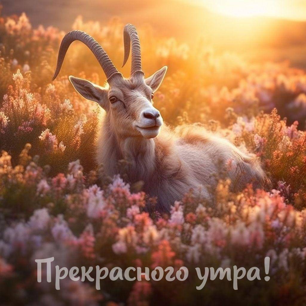 Коза среди цветов на рассвете