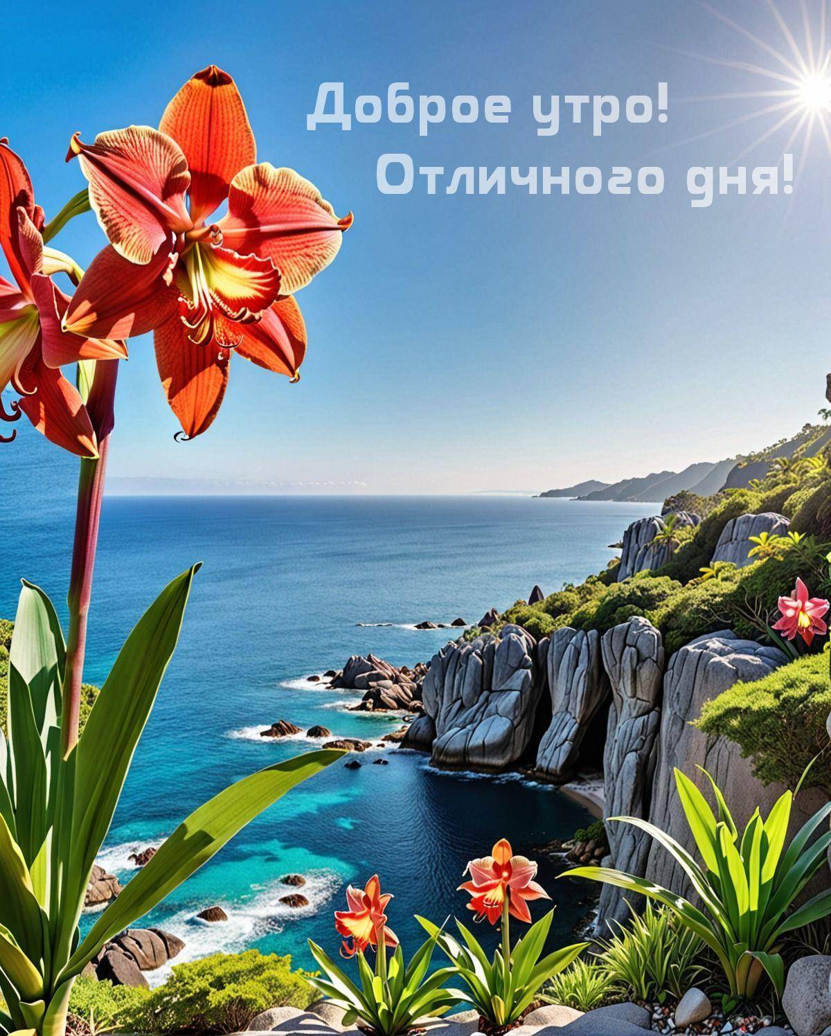 Красные цветы на фоне синего моря и скалистых утесов