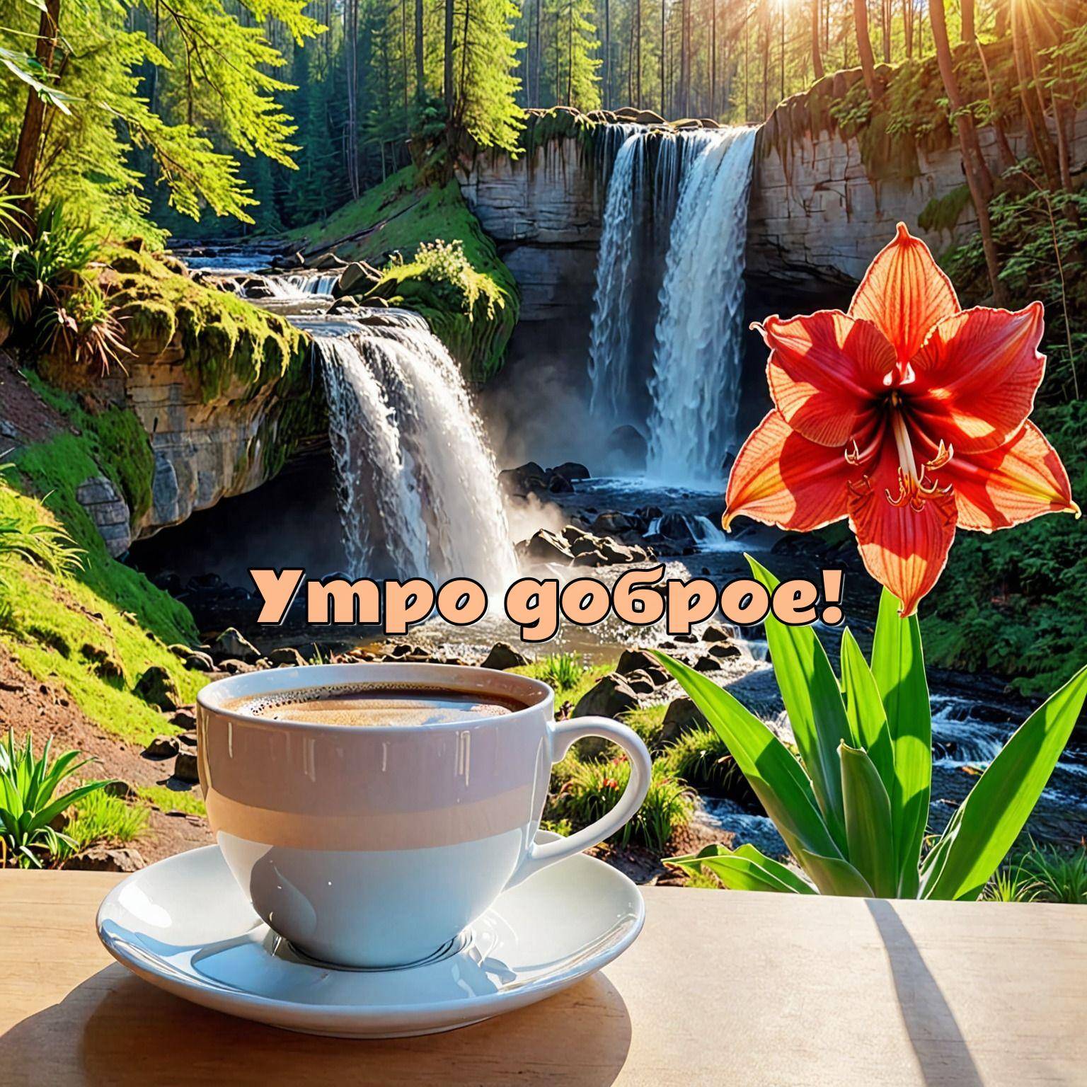 Кружка кофе на переднем плане, красный цветок, водопад и лес