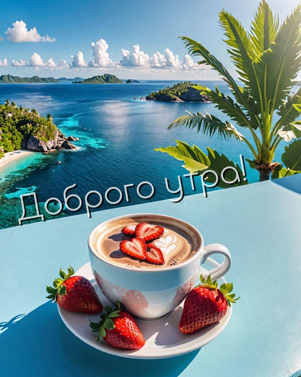 Кружка кофе с клубникой на фоне тропического моря