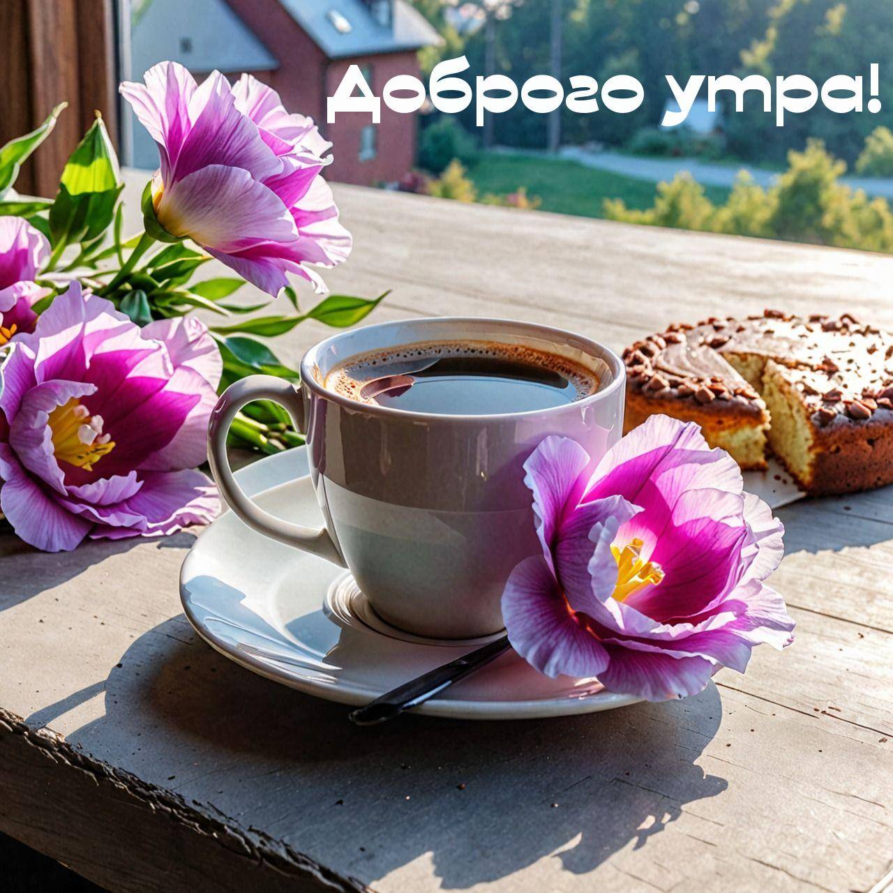 Кружка кофе с цветами на деревянном столе