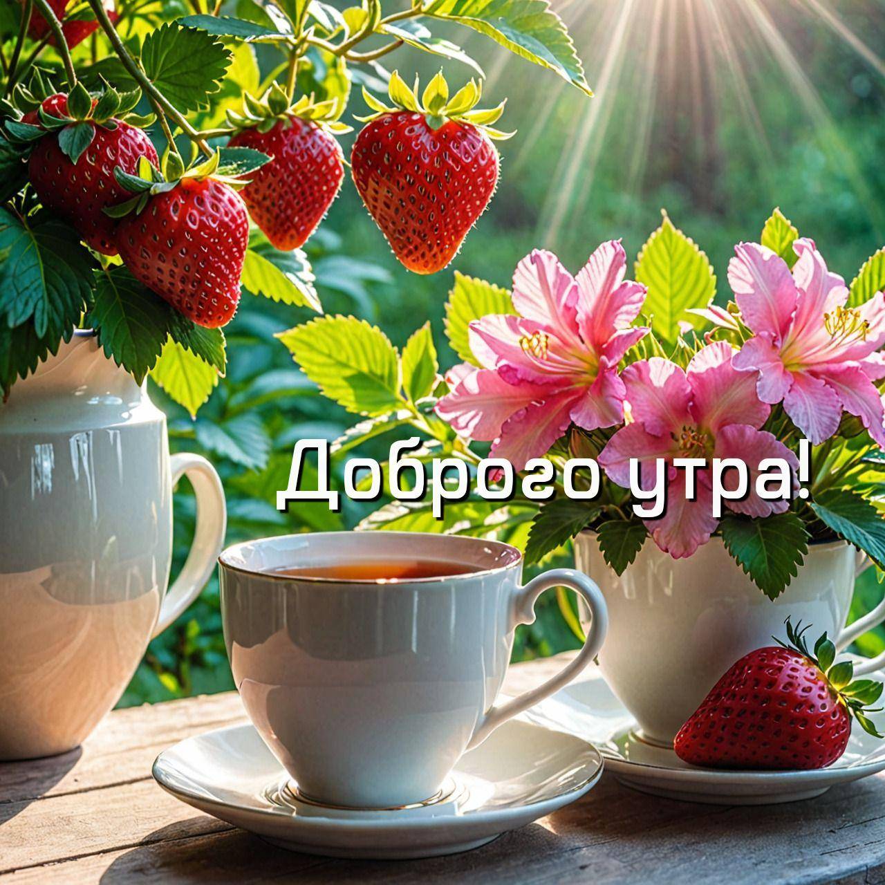 Кружка с чаем, клубника, цветы на фоне рассвета