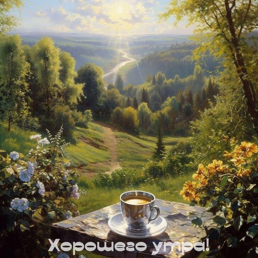 Лесная тропинка, чашка чая на столе