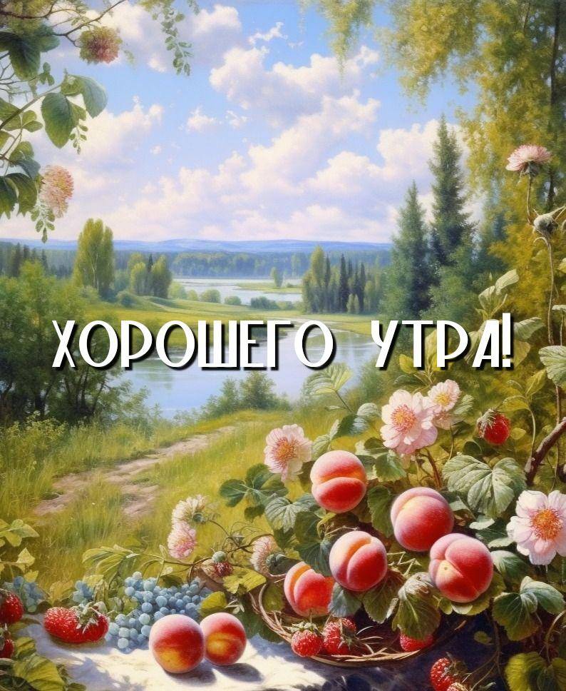 Летний пейзаж с фруктами на переднем плане и рекой