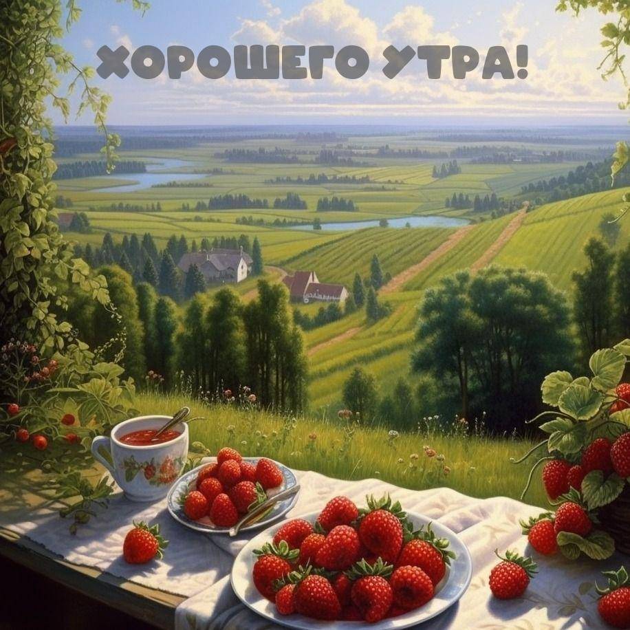 Летний пейзаж с клубникой на переднем плане и зелеными полями с водоемом на заднем плане