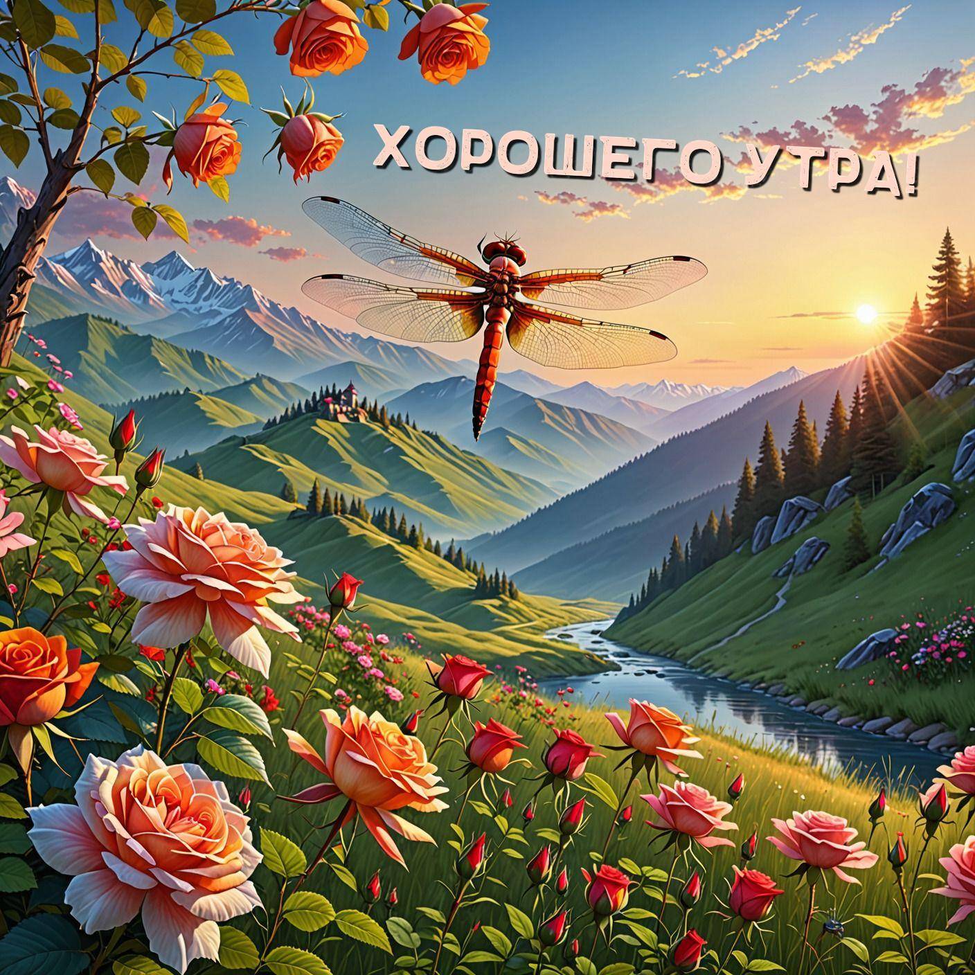 Летящая стрекоза над розами, зеленые холмы, река и горы на фоне