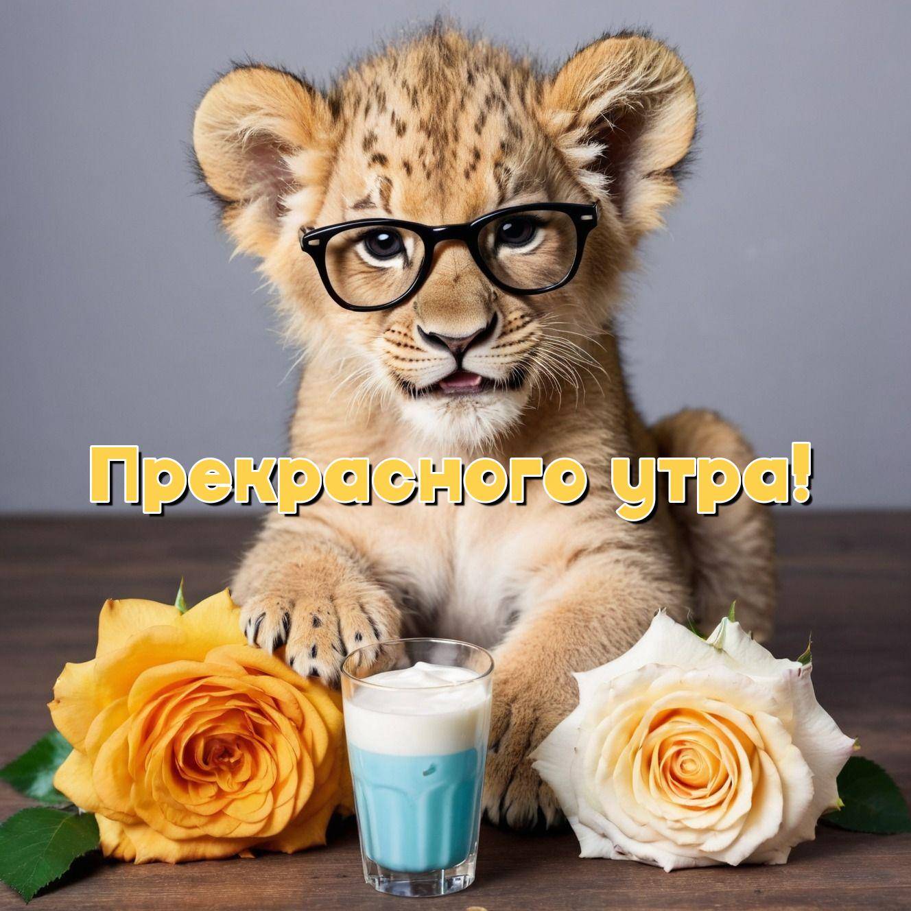 Желтые и белые розы в комнате с львёнком в очках
